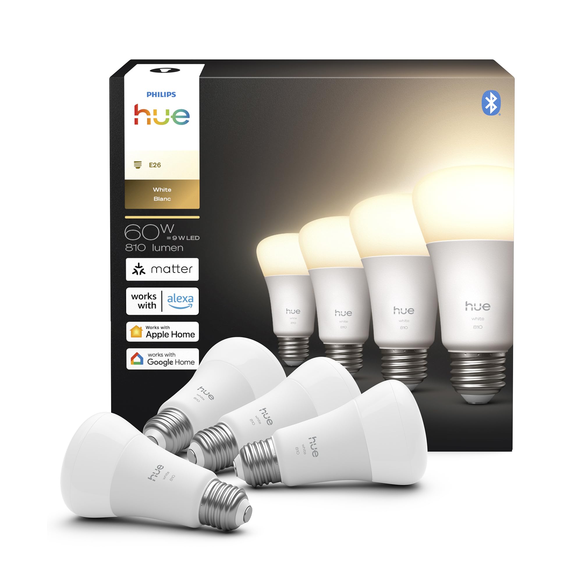 Philips Hue Smart LED A19 Bulb, Warm White Light 2700K, E26 Base, 9W, 810 Lumens, Dimmable, Works with Alexa, Google Assistant, and Apple Home, 4pk Image