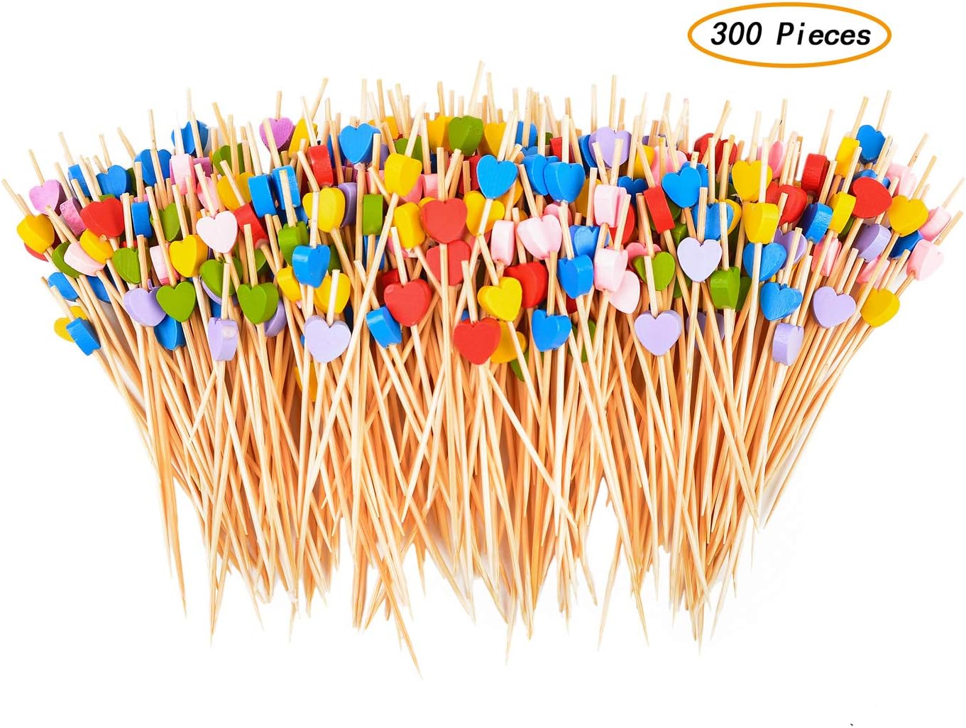 Vancool300 Pieces Cocktail Picks Handmade Heart Shape Bamboo Toothpicks, 4.7 Inches Assorted Color