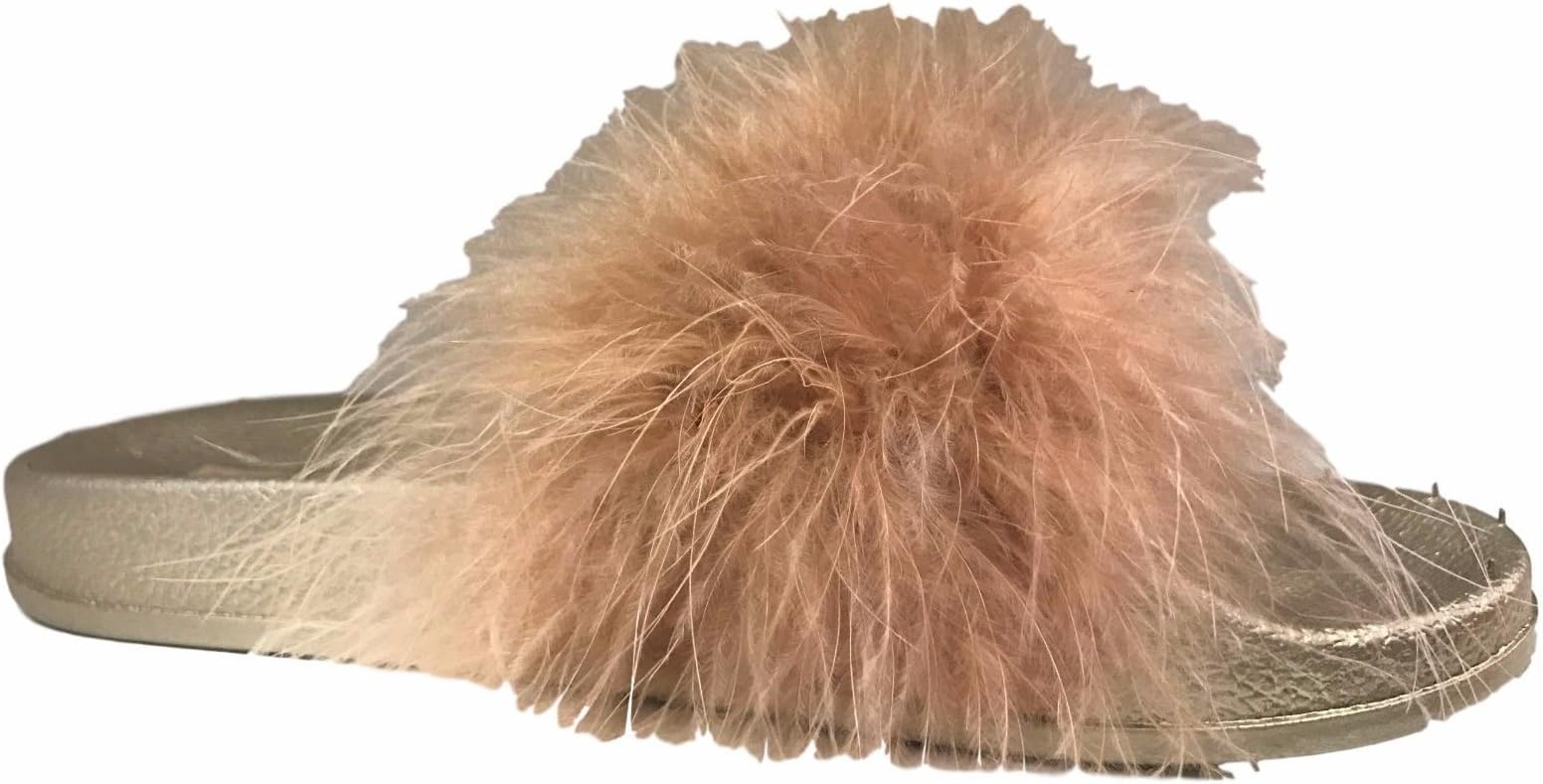 Shoe Republic ANI Marabou Fur Feather Slides Flip Flop Sandal Slipper Shoe Gold
