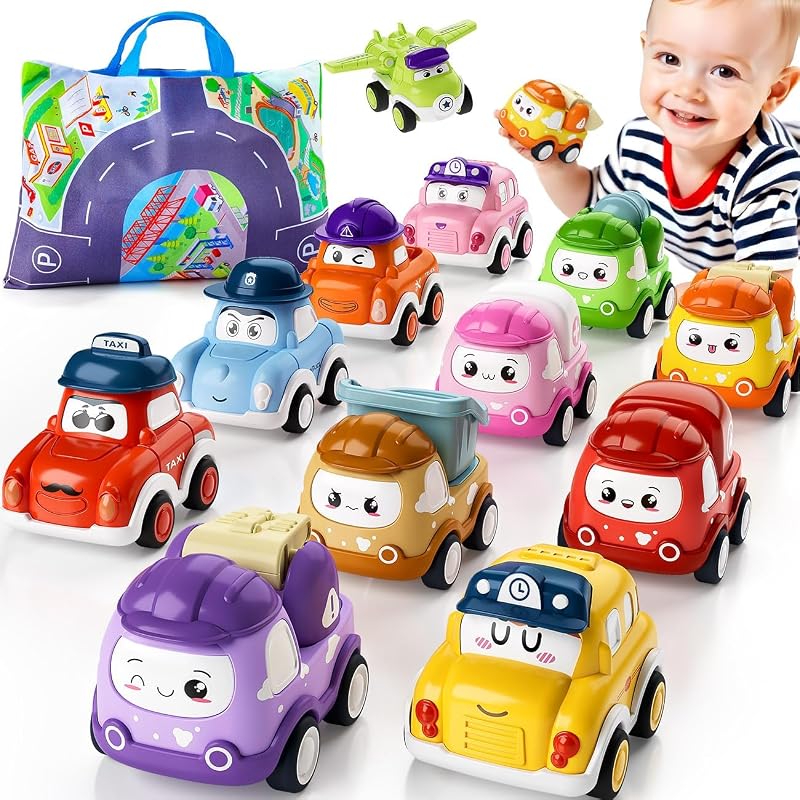 SYHLN 12-Piece Pull Back Toy Cars Set with 2 in 1 Play Mat Storage Bag
