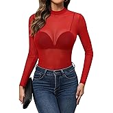 GAMISS Mesh Top for Women Long Sleeve Mock Neck Mesh Shirt Sheer Top Solid Floral Tee Shirts S-XXL