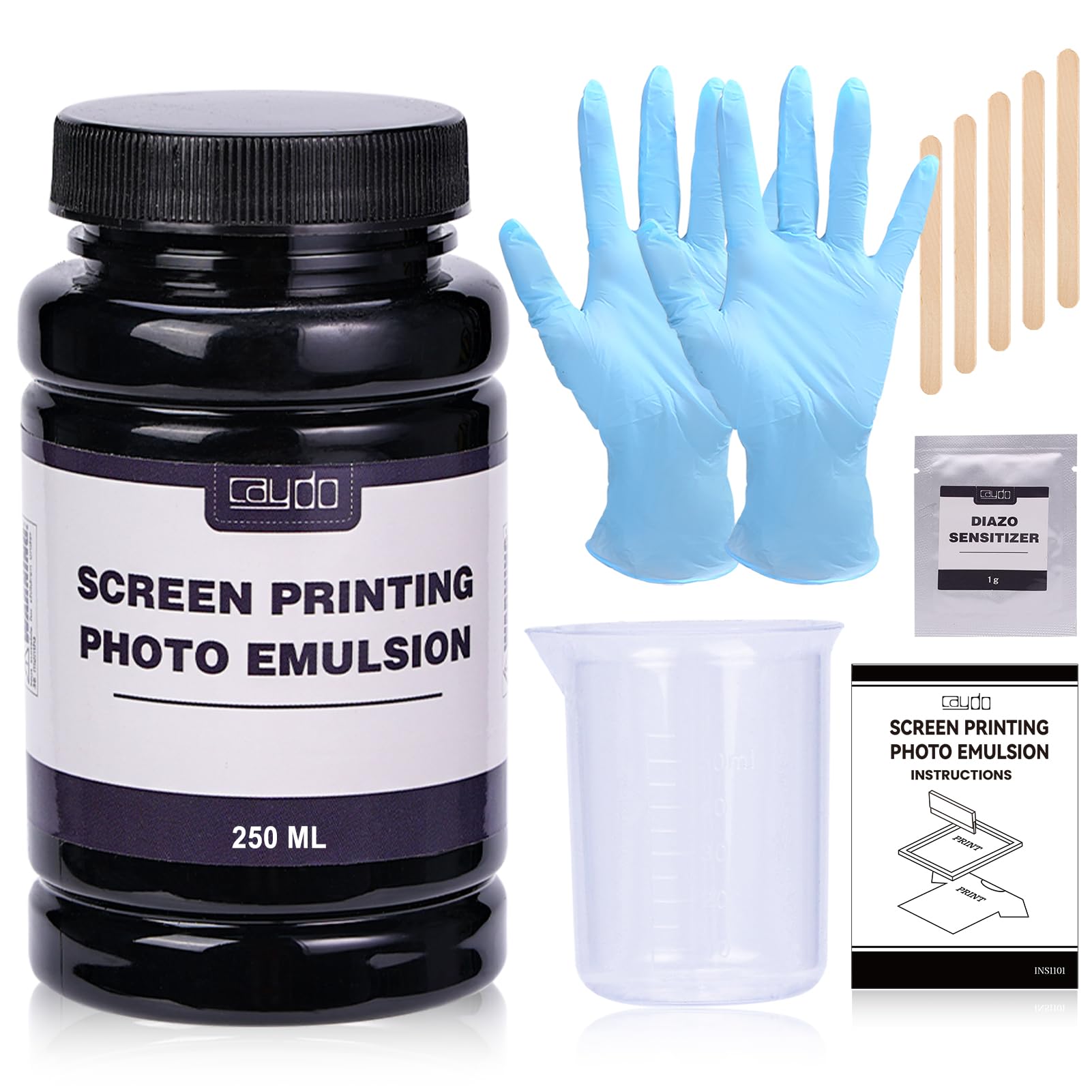 Caydo Screen Printing Photo Emulsion (8.5 oz), Diazo Sensitizer(1g), Measuring Cup, Gloves, and 5 Stir Sticks, Pre-Sensitized Photo Emulsion Screen Printing Supplies for Screen Printing and Fabric