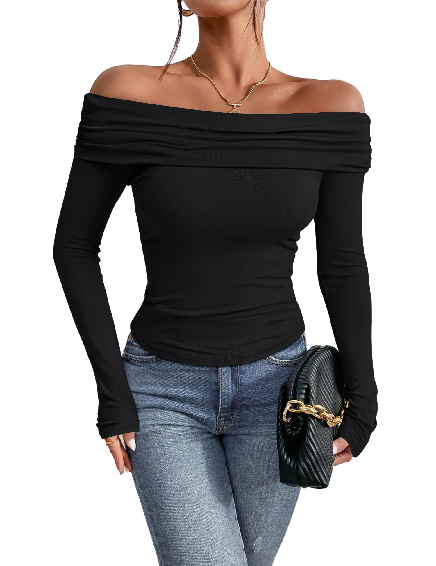 Photo 1 of Prettywear Women's Sexy Off Shoulder Tops Business Casual Slim Fit Long Sleeves Spring Fall Blouse Going Out Nightout Shirt Black