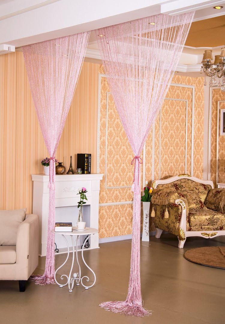 Eyotool 3x3 M Door String Curtain Rare Flat Silver Ribbon Thread Fringe Window Panel Room Divider Cute Strip Tassel for Wedding Coffee House Restaurant Parts (Pink)