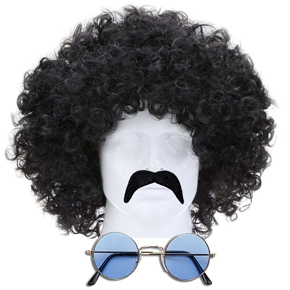 Dreamzfit Men's 70s Disco Costume Set - Retro Afro Wig, Round Sunglasses & Moustache Combo for 1970s, 80s Themed Parties, Halloween, and Adult Fancy Dress