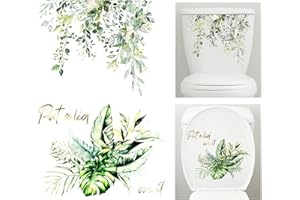 Fumwase 2pcs Toilet Tank and Seat Stickers Set with Different Patterns Self-Adhesive Green Leaf Removable Toilet Stickers Dec