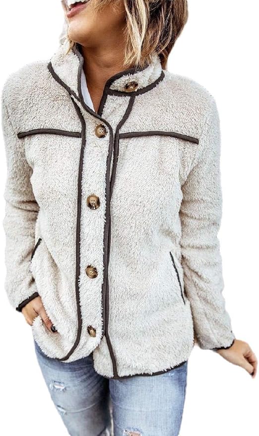 Women's Stand Collar Button Up Fleece Fuzzy Casual Coat Slim Jackets