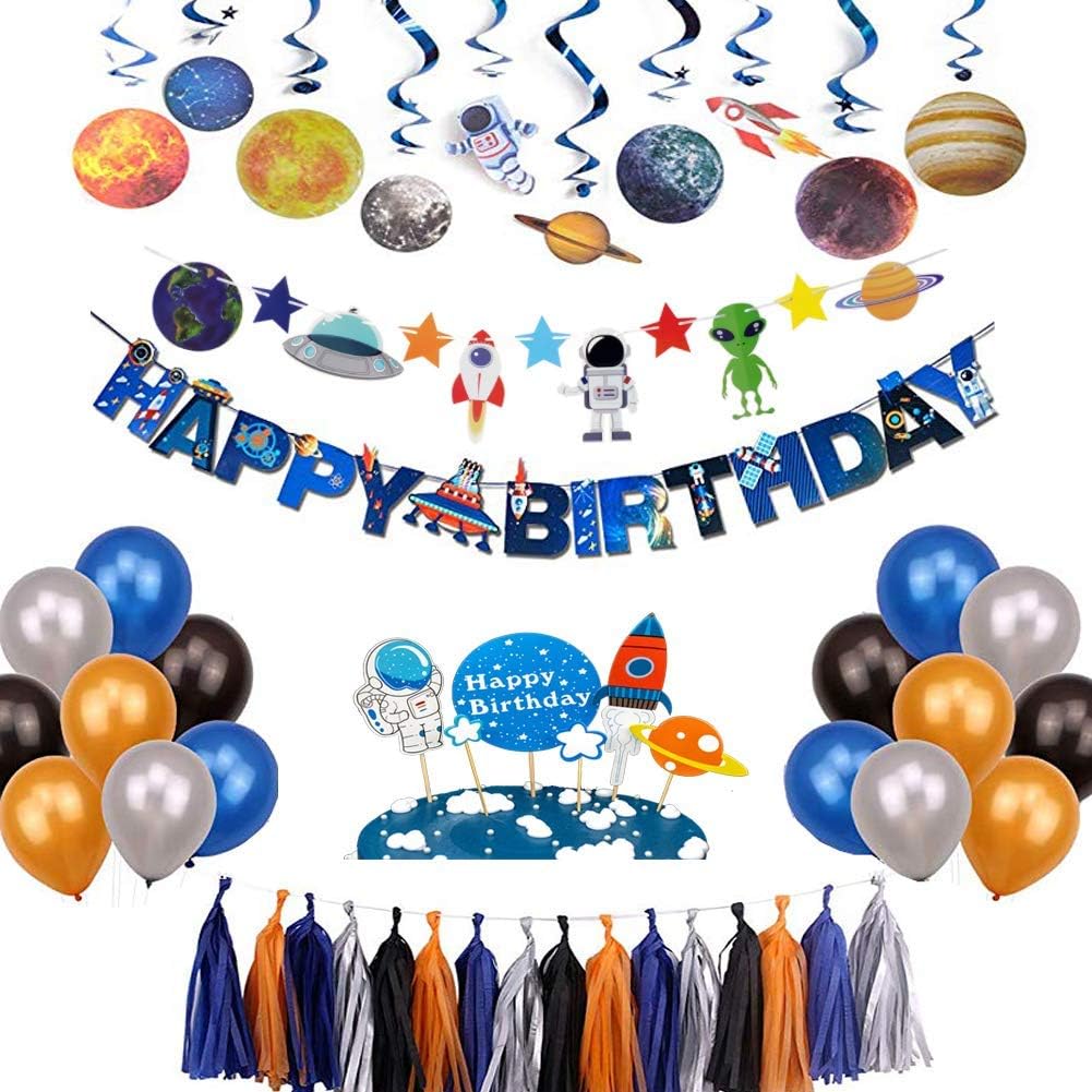 PRATYUS Outer Space Birthday Party Decorations for Kids Boys Girls Solar System Theme Party Favors Supplies Kit With Rocket Birthday Banner, Universe Hanging Swirls and Metallic Silver Black Latex Balloons