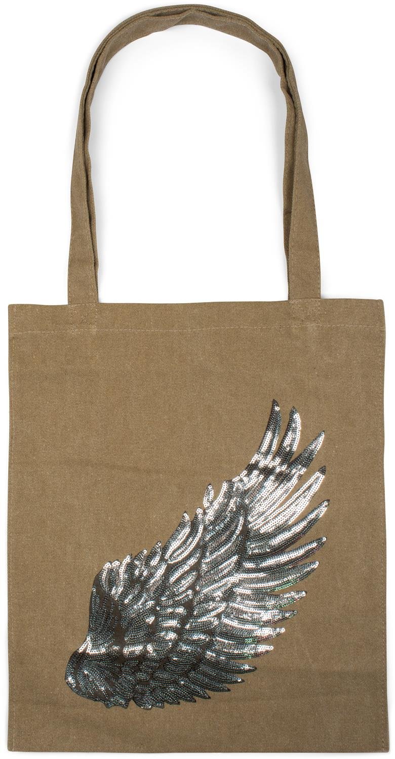 styleBREAKER shopping bag with sequin wing applique, tote bag, canvas, fabric bag. Bag, unisex 02012213, Colour:Khaki