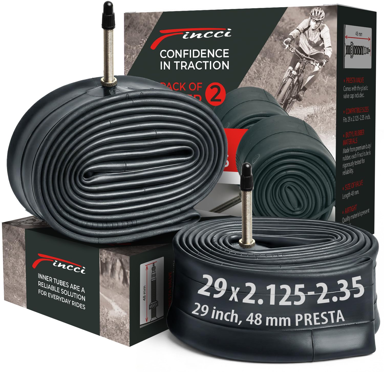 Fincci 29 Inch Inner Tube Mountain Bike - Pair Bike inner Tubes 29 x 2.10 x 2.2 x 2.3 x 2.35 with 48 mm Presta Valve for Gravel MTB, Road, Hybrid & Electric Bicycles, Pack of 2 accessories