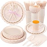 Ziliny 350 Pcs Ivory Plates and Napkins, 50 Guest Cream White Party Supplies Include Scalloped Paper Plates Napkins Cups Plastic Spoons Forks Knives Disposable Tableware Set for Weeding Bridal Shower