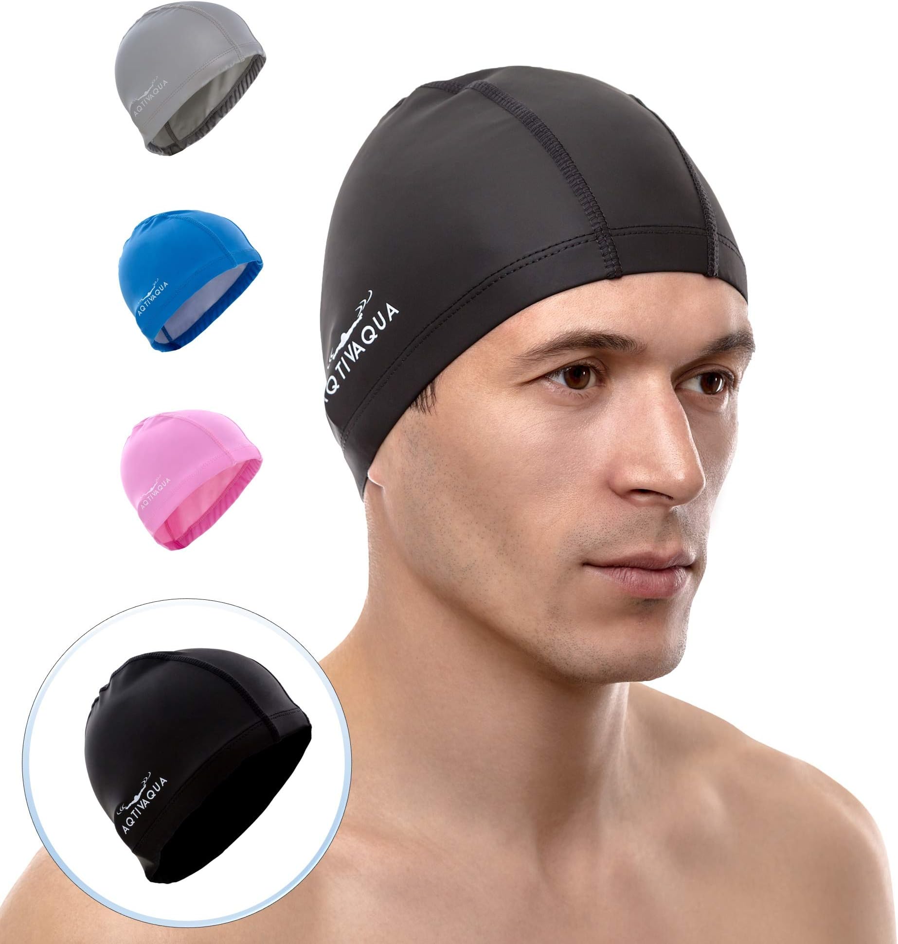 AqtivAqua Spandex Swim Cap with Protective Layer + Tube Carry Case // Swimming Caps for Adult Men Women
