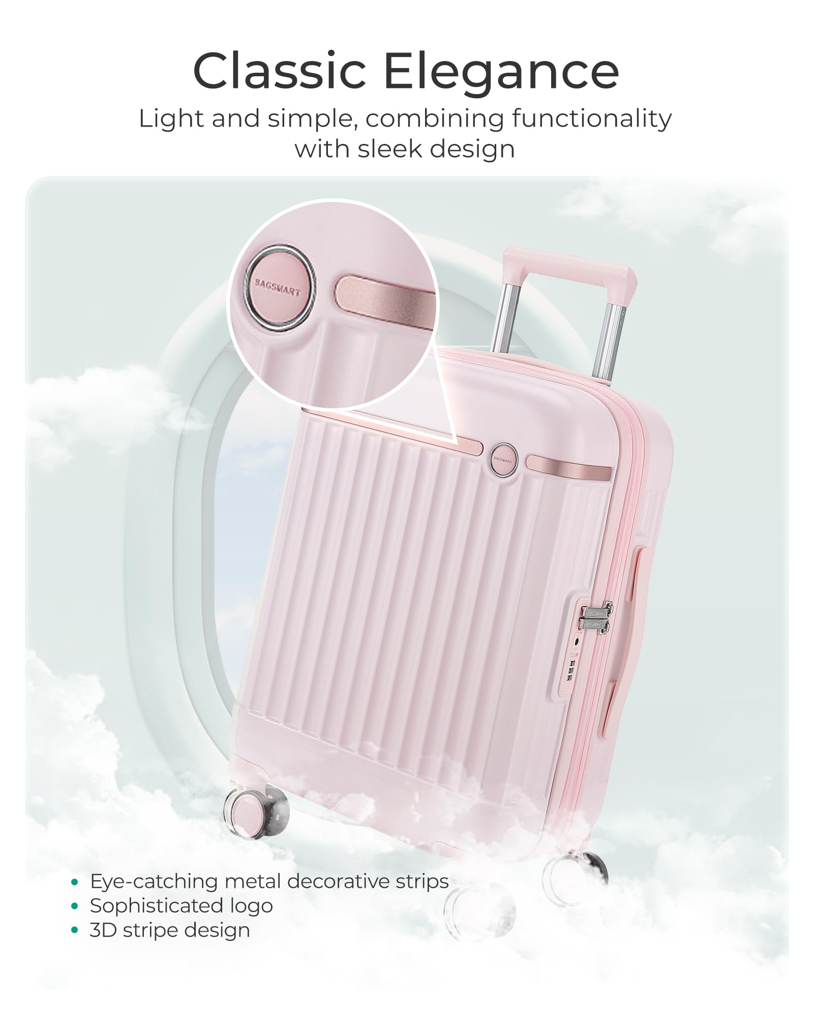 BAGSMART Carry On Luggage 22x14x9 Airline Approved with Spinner Wheels, Travel TSA Approved 100% PC Hard Shell Suitcases, 20 Inch Expandable Luggage with TSA Lock, Atlas Pink