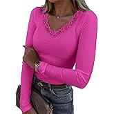 Dlaboonba Womens Lace V Neck Tops Short Sleeve Ribbed Knit Top Summer Slim Fit Casual T Shirts Blouse
