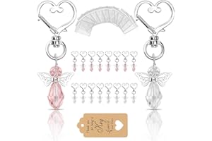 Dreamtop 30 Sets Angel Keychains Favor Angel Charms Angel Wing Pendant with Thank You Tags Drawstring Organza Bag Guest Return Gifts for Wedding Baby Shower Baptism Favors for Girls (Pink+White)