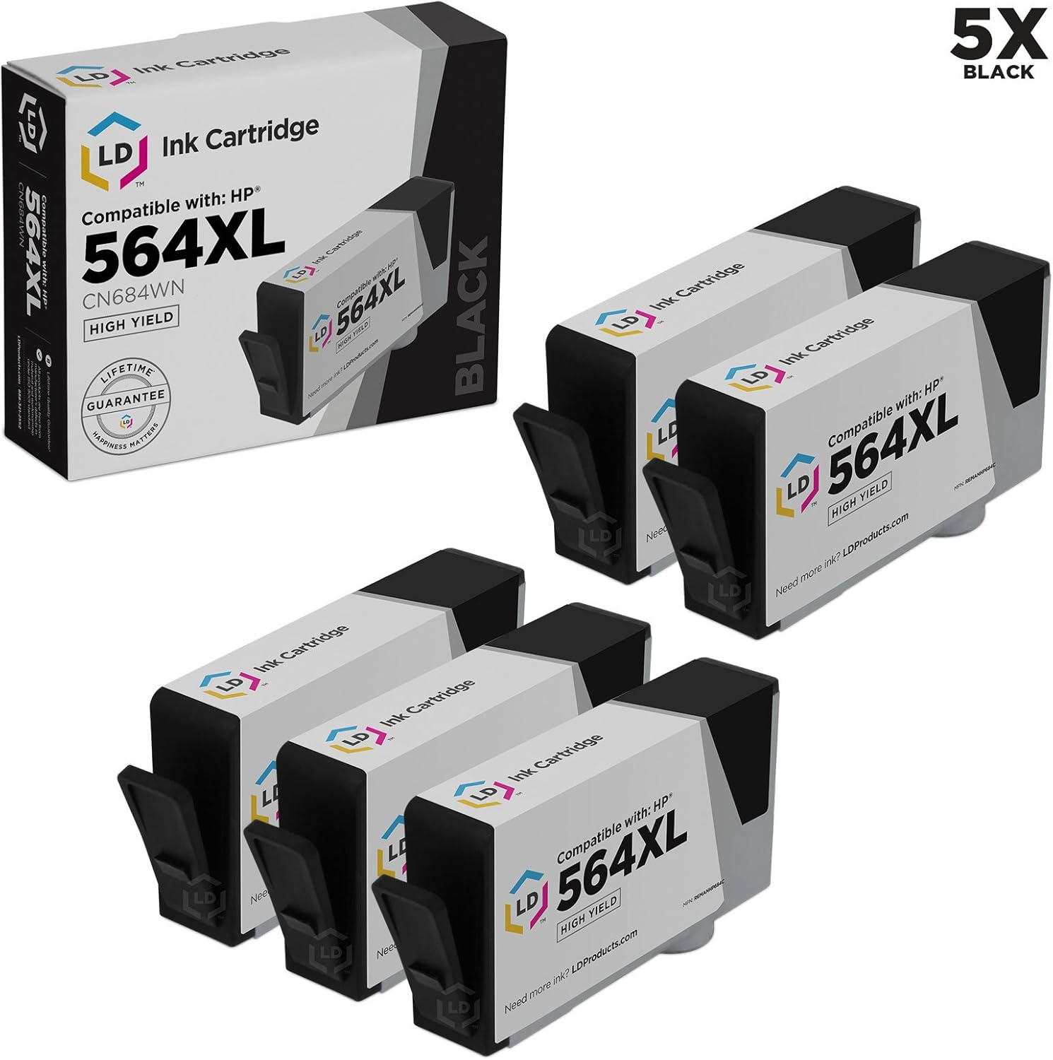 LD Remanufactured Ink Cartridge Replacement for HP 564XL CN684WN High Yield (Black, 5-Pack)