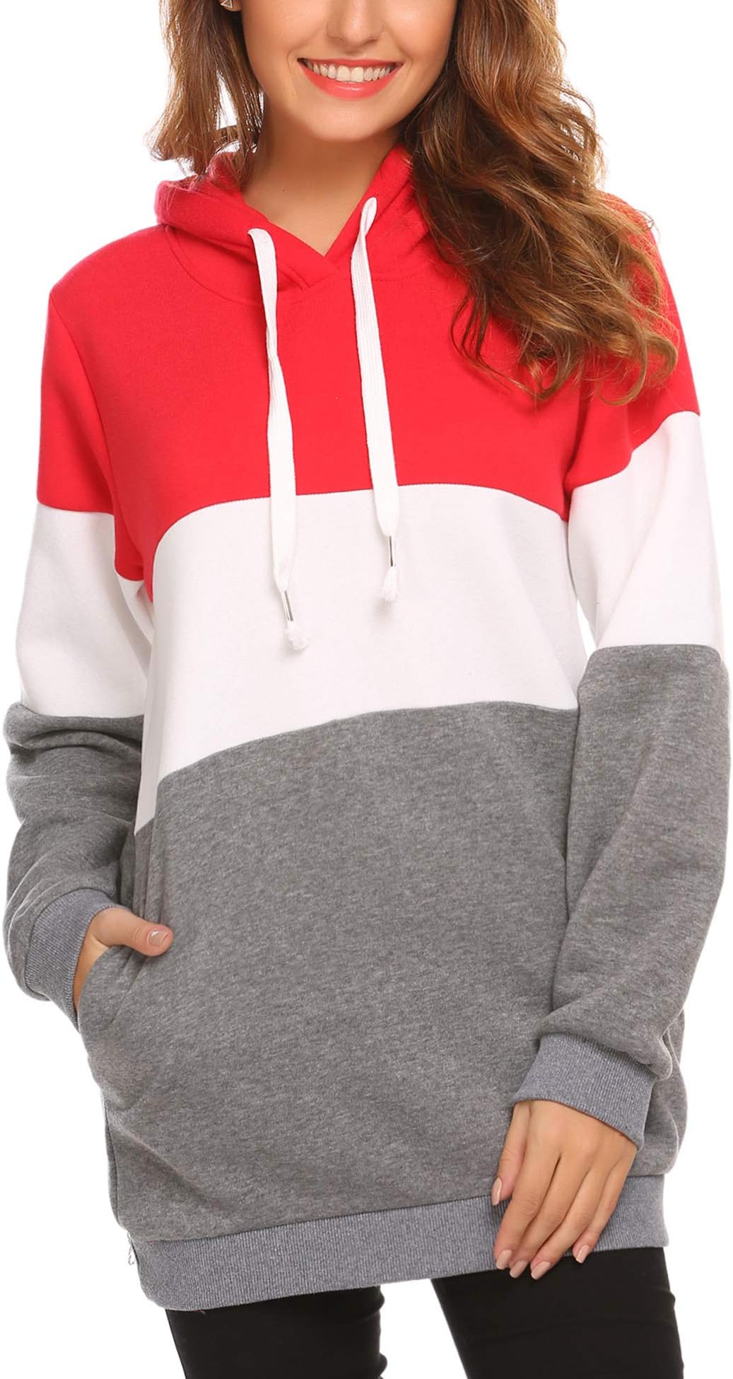 Misakia Women Warm Hooded Contrast Color Patchwork Fleece Lined Pullover Hoodie Sweatshirt