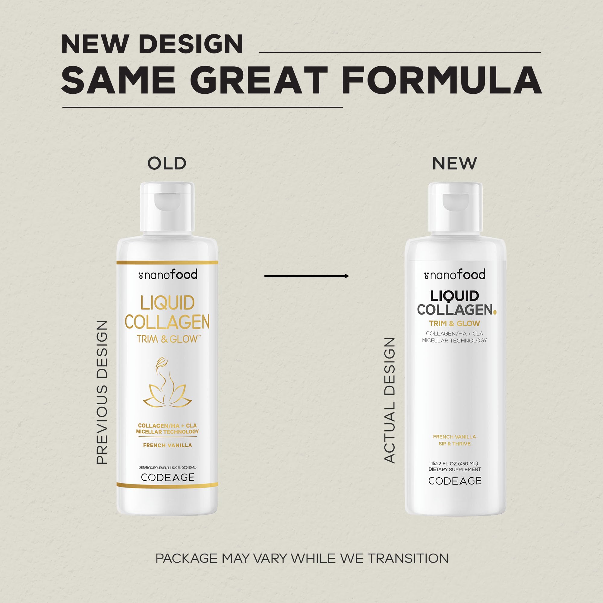 Codeage Liquid Collagen Supplement Vanilla Flavor, Beauty Trim & Glow Liposomal Collagen Peptides, CLA Conjugated Linoleic Acid, Hyaluronic Acid, Vitamin E, Hydrolyzed, Non-GMO, 15.22 fl oz