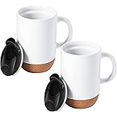 Gibson Home Modani 2 Pack Large 16.5 OZ Ceramic Mugs Set with Removable Cork Bottom and Lid - White
