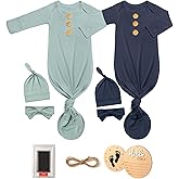 2Pk Newborn Baby Knotted Gowns, Soft Sleeper Coming Home Outfit with Hello World Announcement Sign & Ink Pad for Baby Birth