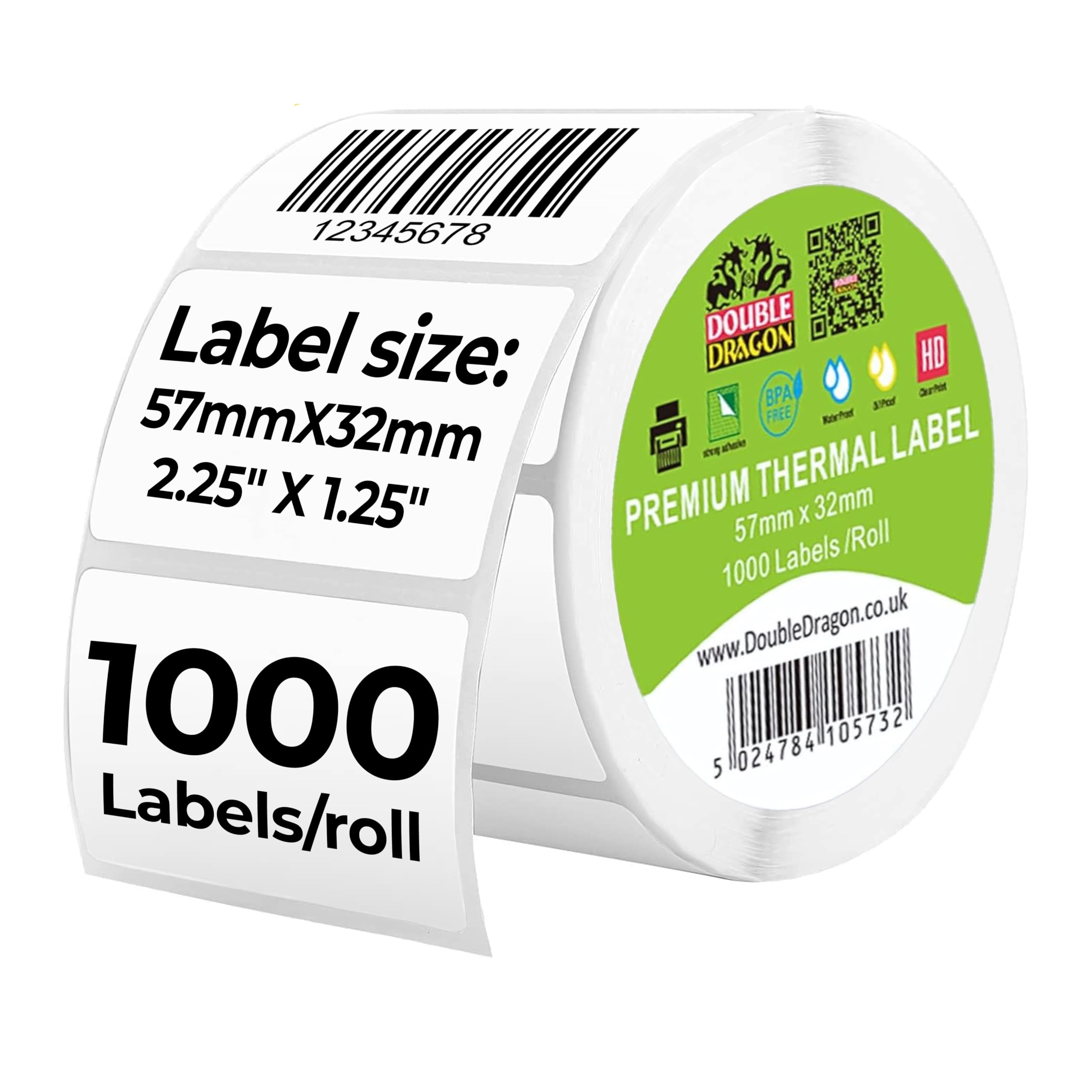 Double Dragon, 57 mm x 32 mm, 1000 Direct Thermal Labels on roll for Direct Thermal Printers, Zebra, MUNBYN, Rollo, TSC, Toshiba, Citizen, Eltron and More.
