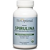 BioOptimal Organic Spirulina Tablets - Organic, Non-GMO, No Additives or Fillers - 500mg Premium Quality Dietary Supplement with Vitamins, Minerals, & Antioxidants (120 Tablets)