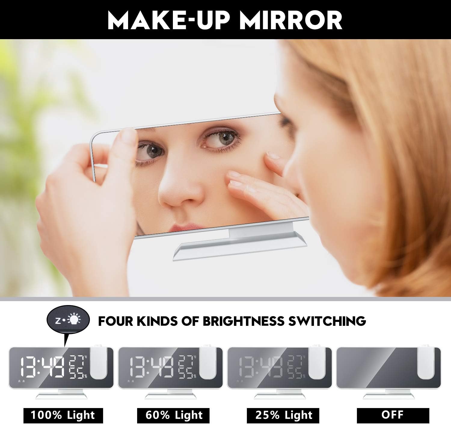 EVILTO Projection Alarm Clock With Dual Alarm7.3'' Large Mirror Radio Digital Clock 180°Projector on Ceiling 4 Dimmer Adjustable Volume Electronic Clock for Bedroom -White - Image 5