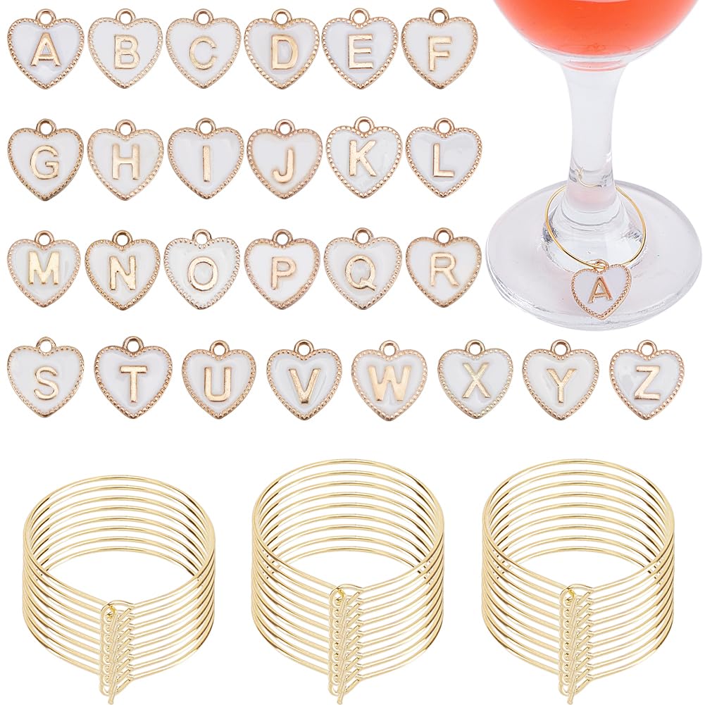 PH PandaHall 26 Sets Wine Charms for Stem Glasses Cup Tags with Rings Heart Enamel Charms White Letters Glass Charm Goblet Drink Markers Tags for Cocktail Champagne Party Favors Wedding Decorations