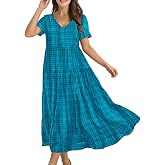 YESNO Women's Summer Maxi Dresses Casual Floral Short Sleeve V Neck Boho Beach Vacation Swing Dress with Pockets EVF