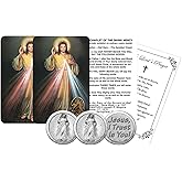 Trendzeen Divine Mercy Chaplet - with Embossed Medal, Jesus Christ Token, The Lord's Prayer Card | Jesus I Trust In You Pocket Token, Divine Mercy Prayer Cards Holy Catholic Set Of 7 Items