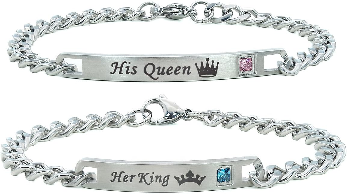 Roone His and Hers Matching Set Titanium Stainless Steel Zircon Custom Couple Bracelets (1 Pair)