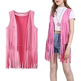PARTTELY Women Fringe Vest 70s Hippie Costume Faux Suede Rivets Tassel Sleeveless Cowgirl Western Costume Jacket Outerwear