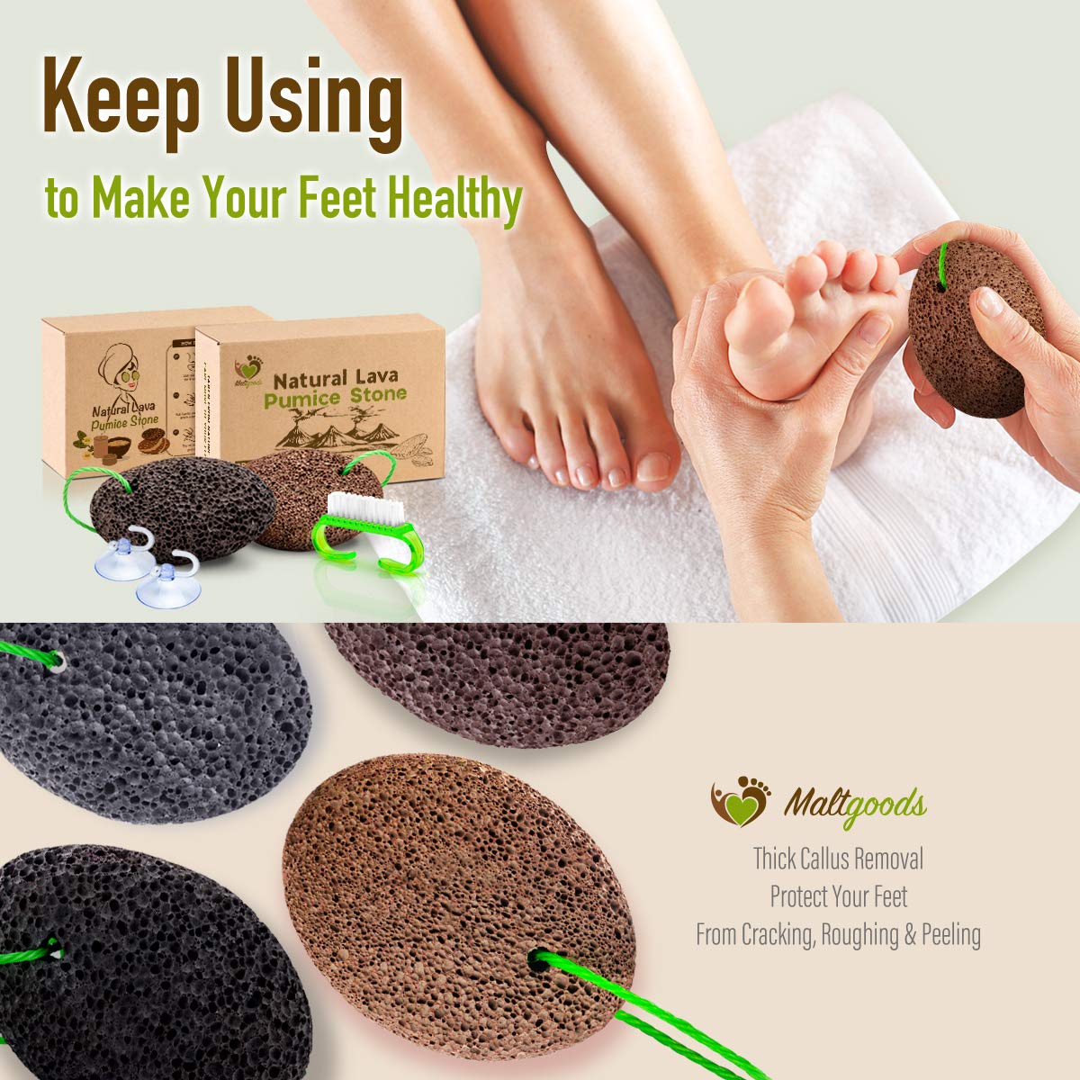 Nature Pumice Stone for Feet,2 PCS Lava Pumice Stone for Heels Callus Removal, Pedicure Exfoliator for Dry Dead Skin with a Cleaning Brush: Beauty