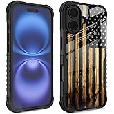 POCOOA Compatible with iPhone 16 Case Classic Wood Grain Old American Flag Design for Men Boys, Full Body Shockproof Anti-Scratch Tough Hard PC Back TPU Bumper Drop Protection Case for iPhone 16