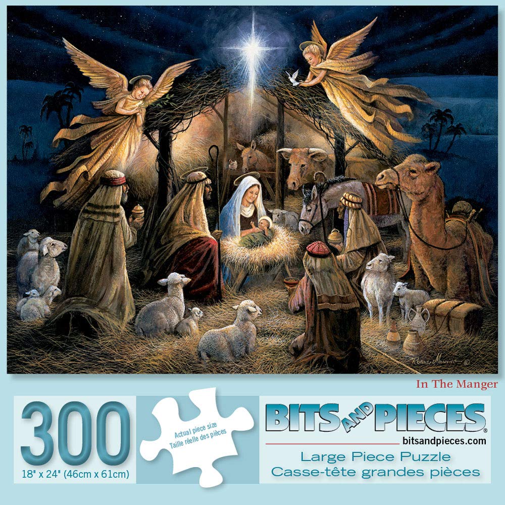 Bits and Pieces - 300 Piece Jigsaw Puzzle for Adults - In The Manger - 300 pc Religious Jigsaws by Artist Ruane Manning