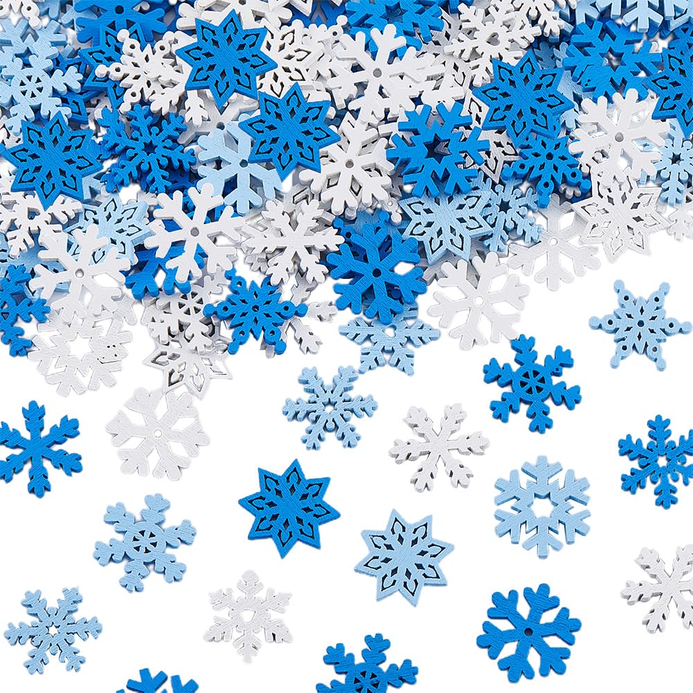 SOFPLATE 200Pcs Wooden Snowflake Buttons Decorative Christmas Buttons Blue White Snowflake Shaped Ornaments Wood Winter Embellishments for Sewing Crafts Party Home Christmas Tree Hats Socks Decor