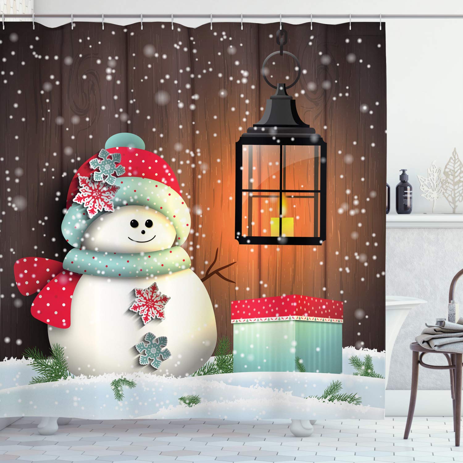 ABAKUHAUS Christmas Shower Curtain, Snowman with Santa Hat in the Garden with a Gift Box and Lantern Image, Cloth Fabric Bathroom Decor Set with Hooks, 70 Inches, Brown White โ image 1