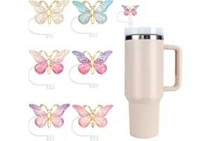 MOVOLIVI Stanley Straw Cover, 6PCS Glitter Straw Cover Cap for Stanley Cup, Reusable Straw Toppers Cute Funny Stanley Cup Accessories Compatible with 10mm Straw (ButterflyA)