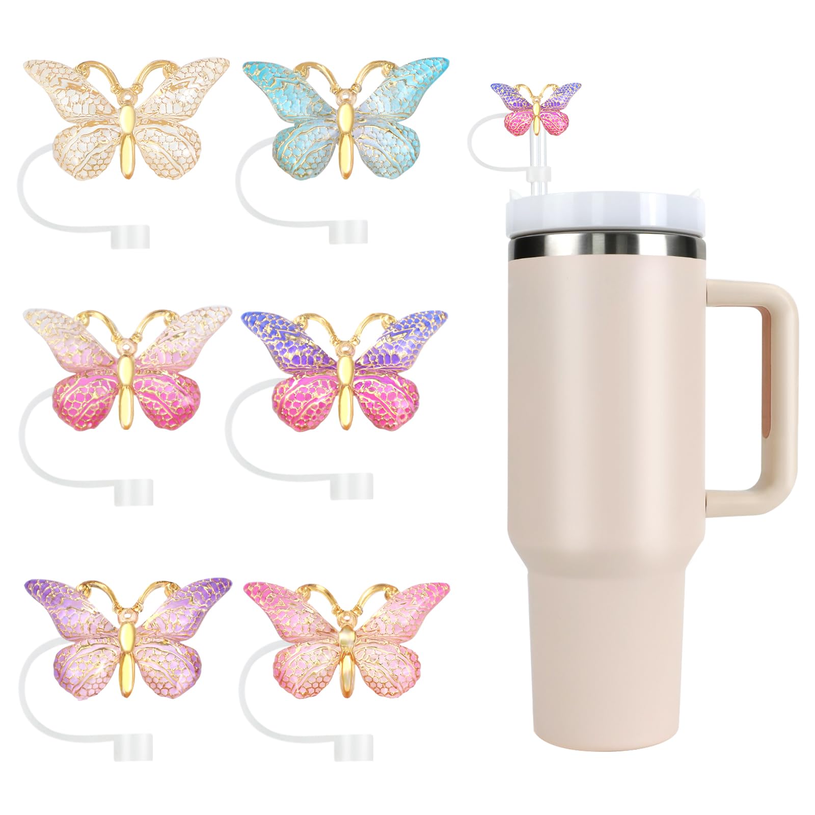 Photo 1 of Stanley Straw Cover Cap, 6PCS Glitter Toppers for Stanley Cup, Reusable Tumbler Accessories Compatible with 10mm Straw, Funny Gifts for Women & Girls (ButterflyA)