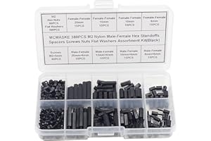 MCMASKE 380PCS M2 Nylon Male-Female Hex Standoffs Spacers Screws Nuts Flat Washers Assortment Kit (Black)