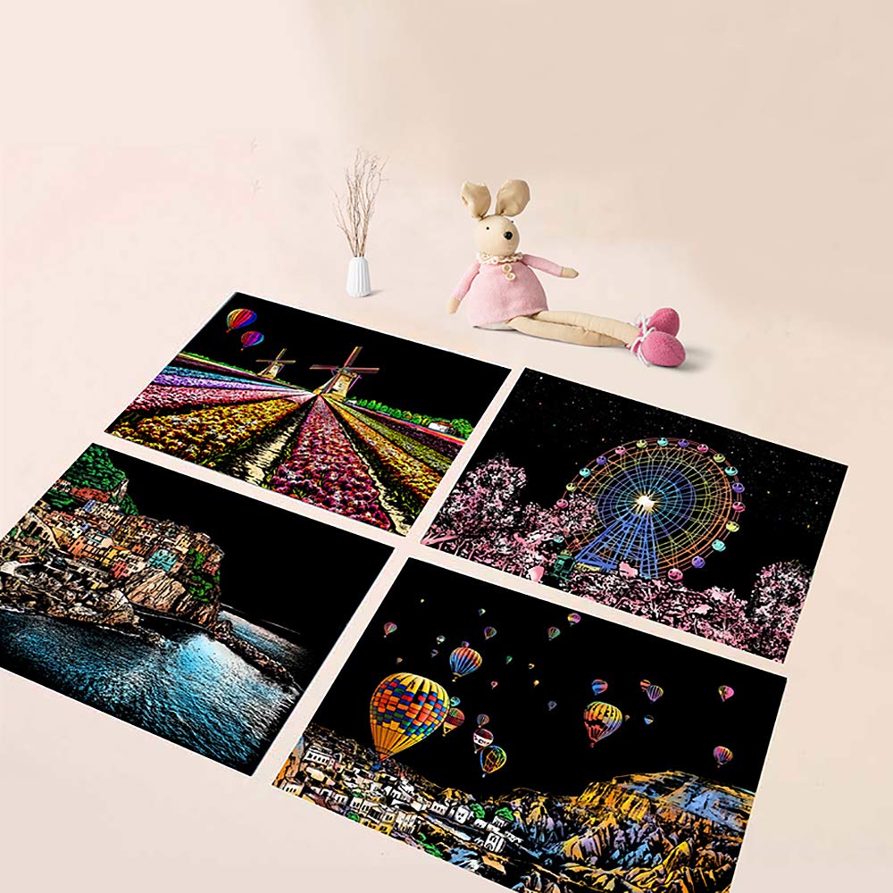 Scratch Painting Kits for Adults & Kids, Rainbow Painting Night View Scratchboard(A4), Crafts Set: 8 Sheets Scratch Cards with 6 Tools in Bag - New York, Statue of Liberty, Seattle(America/Europe)