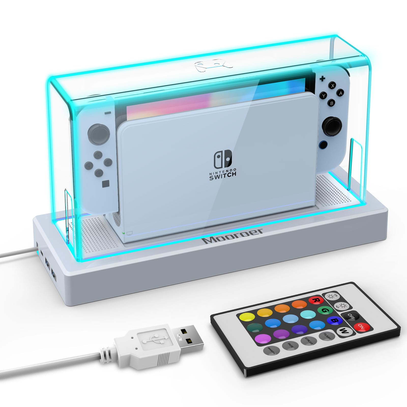 Mooroer Dust Cover with 16 LED Colors Light Base for Nintendo Switch/OLED, Acrylic Clear Display Box Anti-Scratch Waterproof Slim Dock Case, Cool Switch Accessories Image
