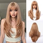 MS.FEEL Wig with Bangs Long Straight Layered Wigs Natural Looking Synthetic Glueless Wigs for Women Daily Party Use 24 Inch (Honey Blonde, 24 Inch)