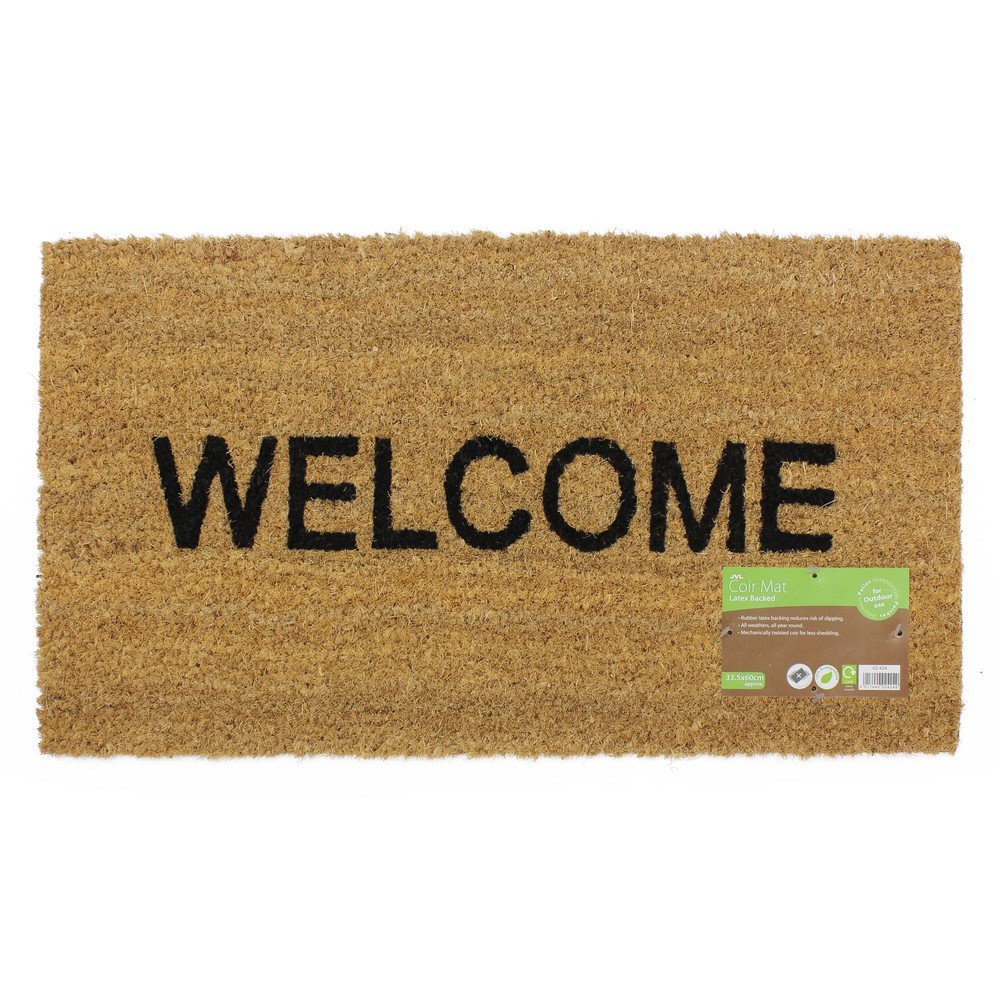 JVL Heavy Duty Welcome PVC Backed Coir Entrance Door Mat, Vinyl, Brown, 33.5 x 60 cm,02-424