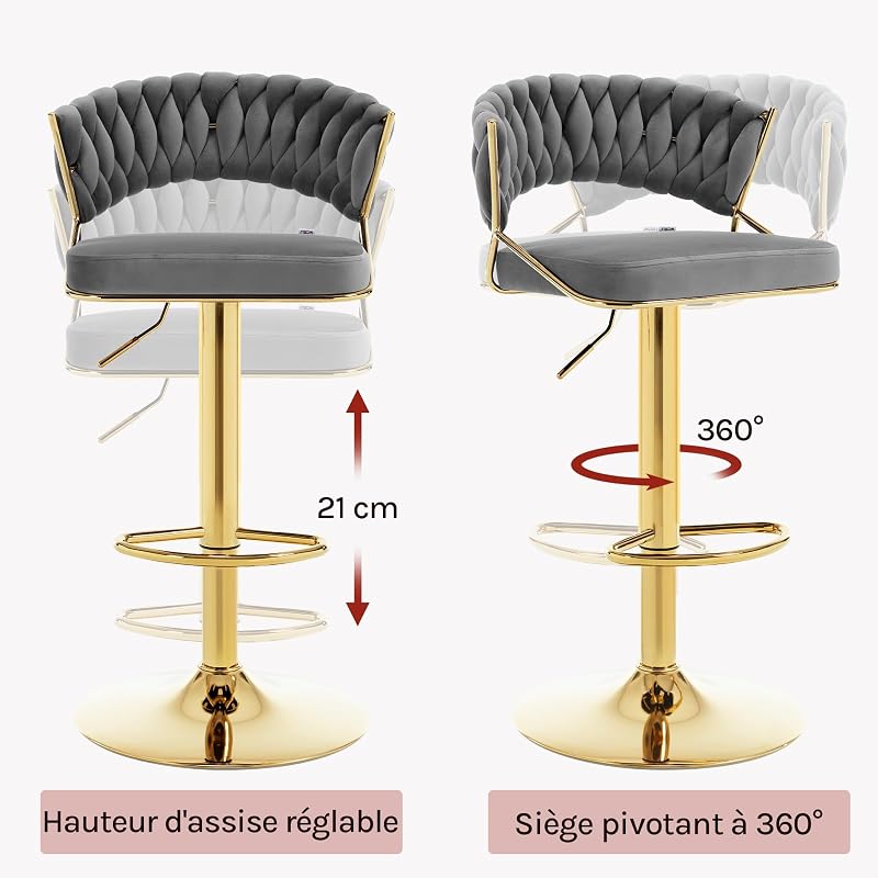 Lot de 2 Tabouret de Bar avec Dossier Tissé et Repose-Pieds, Tabouret Pivotant, Hauteur Réglable, Base Évasée en Métal + Siège en Velours, Gris foncé, BH427dgr-2 — photo 5 sur 8