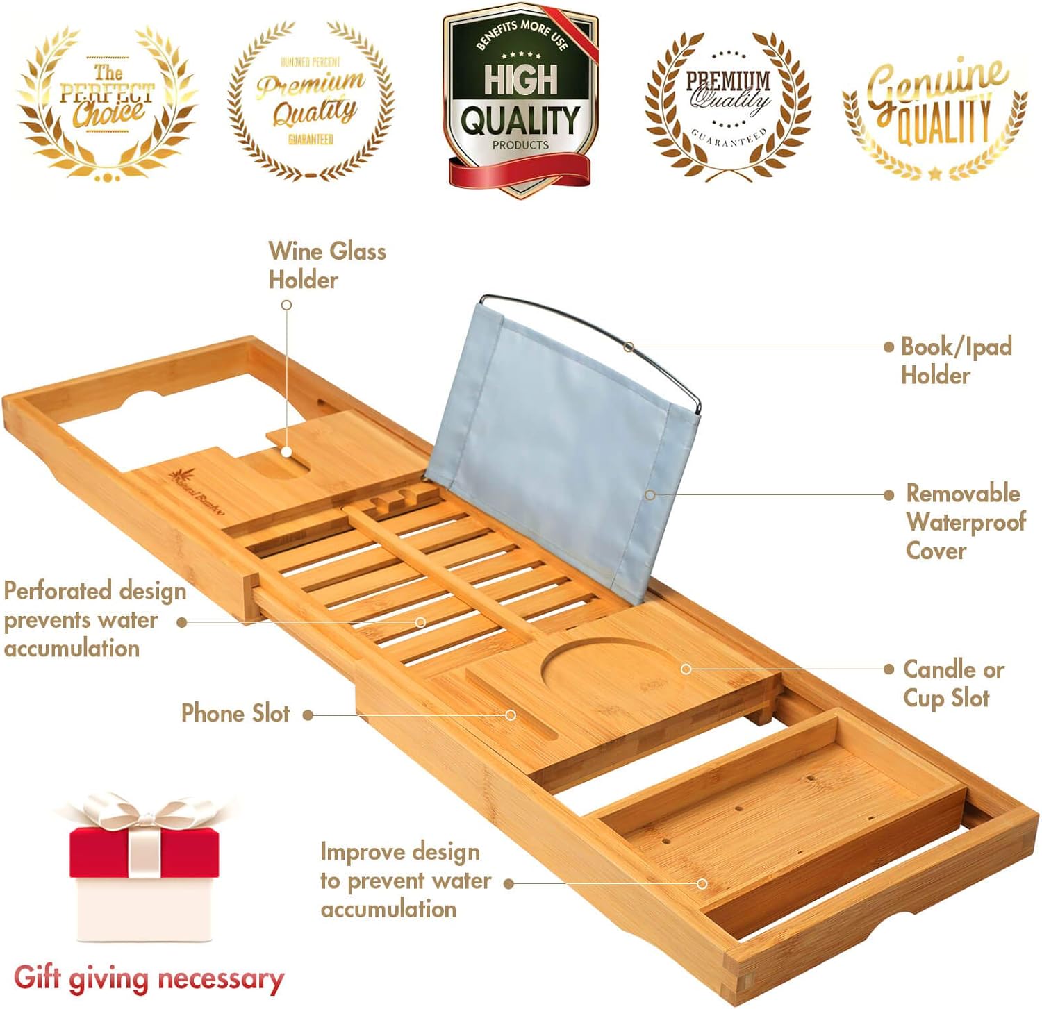Bamboo Bath Tray Bathtub Caddy | Natural Bamboo Extendable Bath Bridge Tray Shelf for Luxury Bath with Book Holder for Smartphone Mug Wine Glass Pad Soap | Fits Most Bath Sizes (70-105) x22.5x4.5cm: Kitchen & Dining