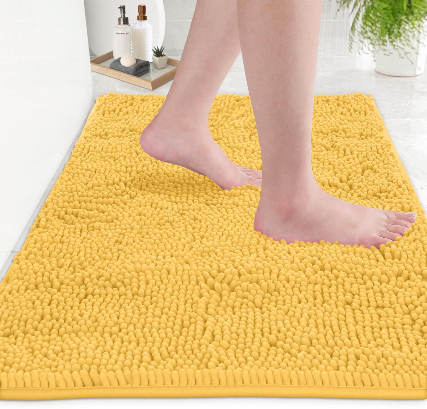 LuxUrux Bath Mat-Extra-Soft Plush Bath Shower Bathroom Rug, 1'' Chenille Microfiber Material, Super Absorbent Shaggy Bath Rug (Yellow, 50 x 80 cm) — image 1