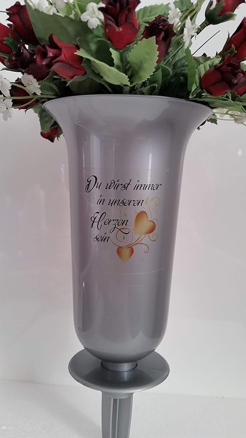 Friedhofsvase Grabvase mit Bodenhülse abnehmbar 32,7 x 13cm Silber mit Spruch