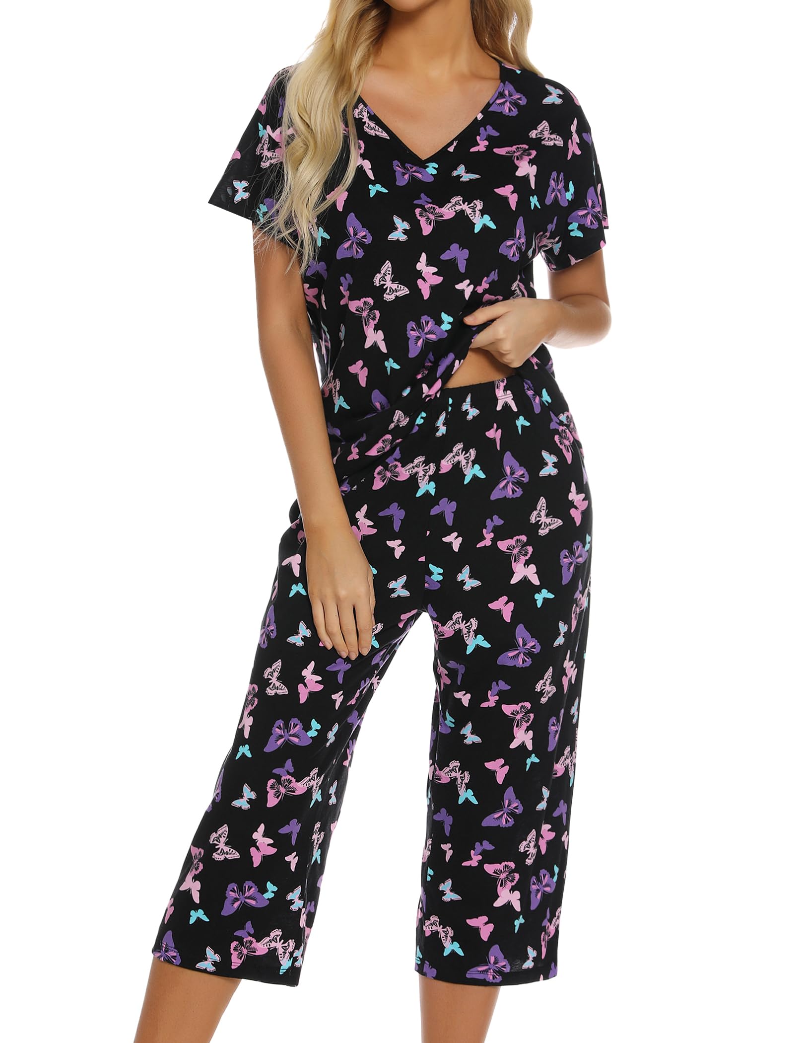 ENJOYNIGHT Womens Pajama Sets Cotton Summer Pjs Tops with Capri Pants