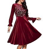 Bbonlinedress Velvet Sequin Cocktail Long Sleeve Dress for Women Velvet Vintage Wedding Guest Midi Dress